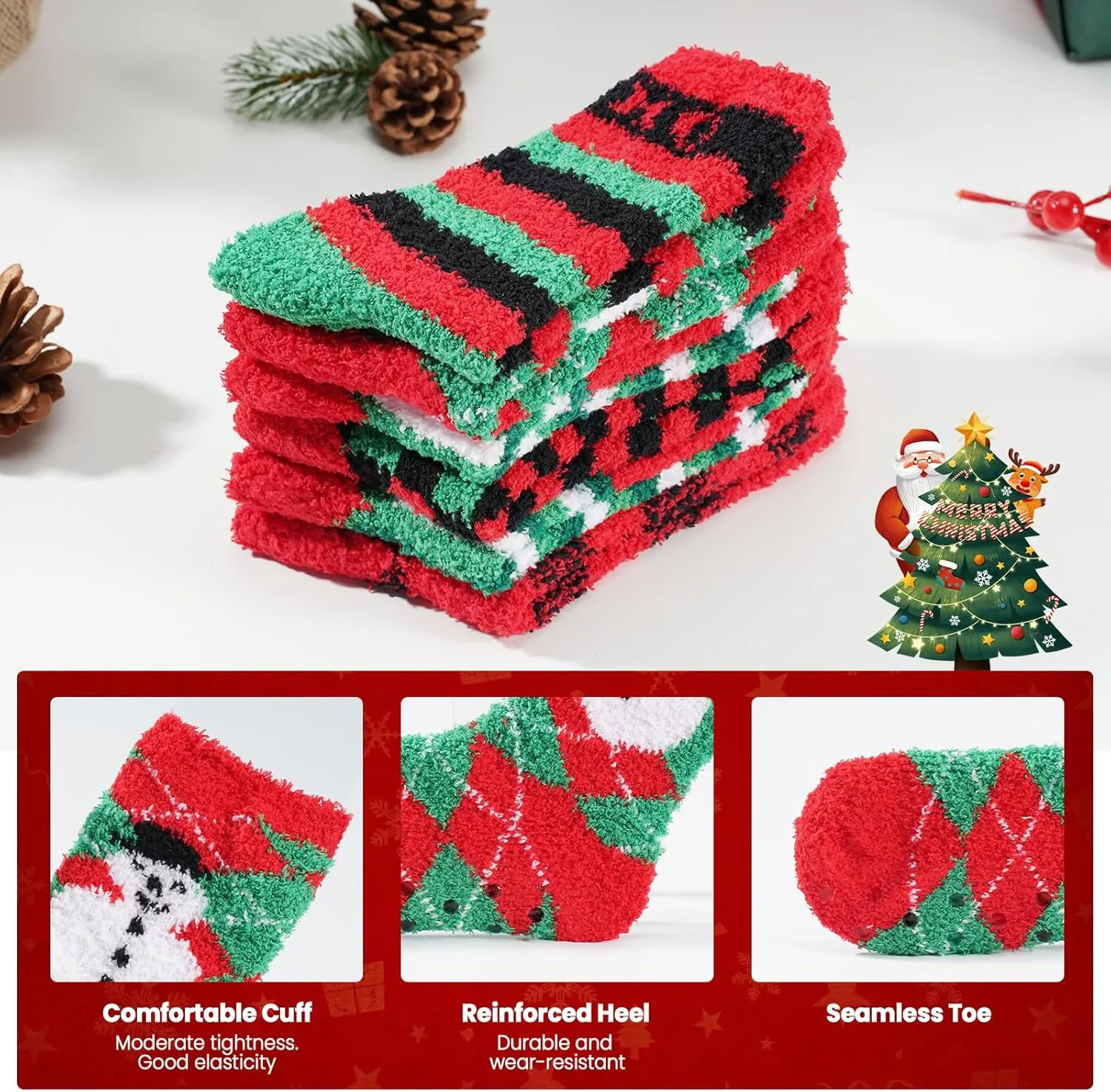Gilbins Mens-Womens Christmas Holiday Fuzzy Socks with Grips Non Slip Skid Slipper Fluffy Hospital Winter Crew Sleep Socks