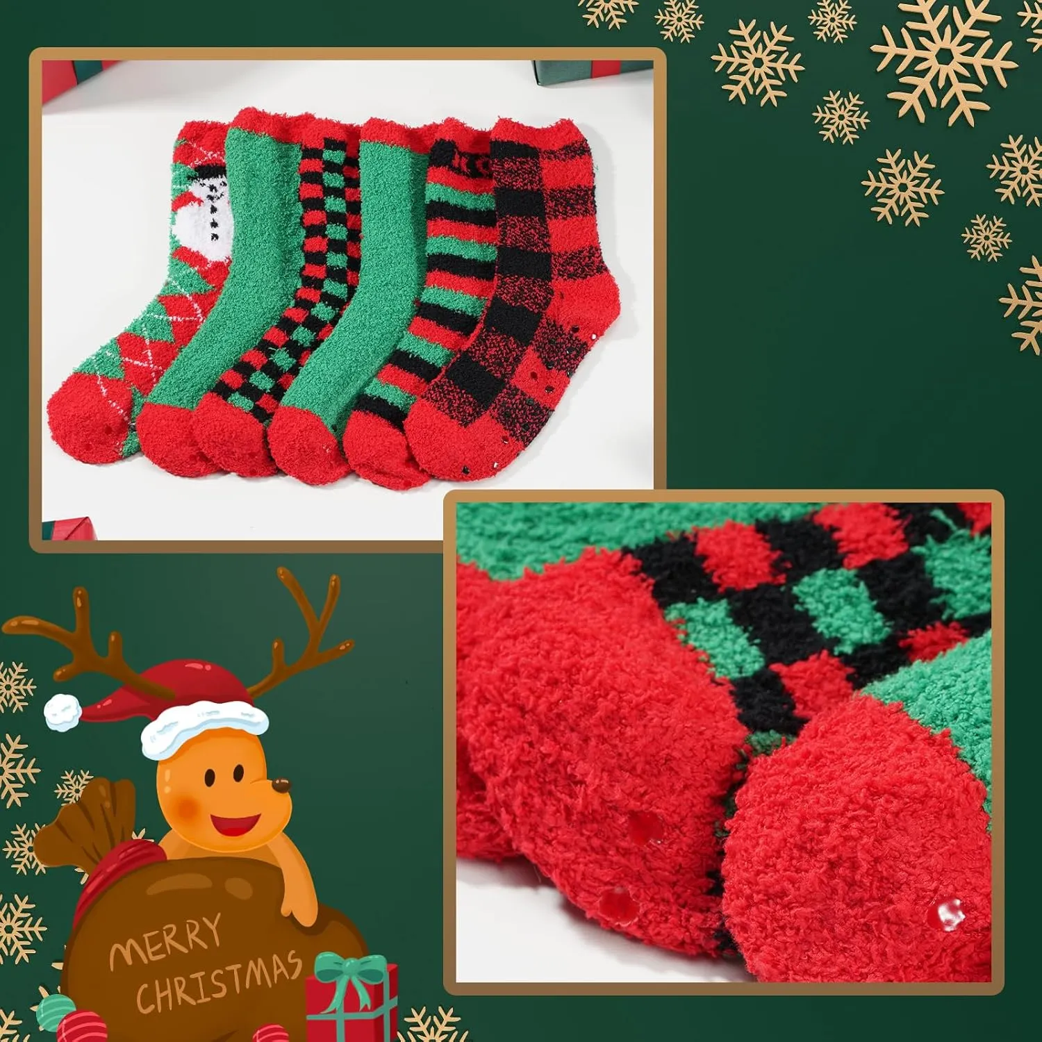 Gilbins Mens-Womens Christmas Holiday Fuzzy Socks with Grips Non Slip Skid Slipper Fluffy Hospital Winter Crew Sleep Socks