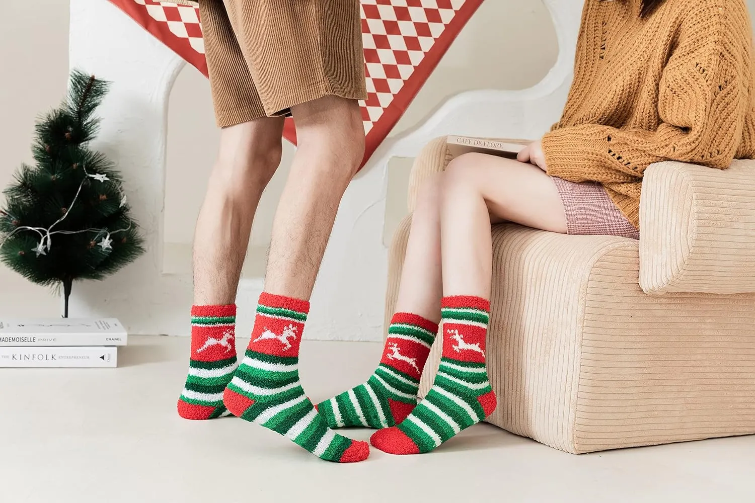 Gilbins Mens-Womens Christmas Holiday Fuzzy Socks with Grips Non Slip Skid Slipper Fluffy Hospital Winter Crew Sleep Socks