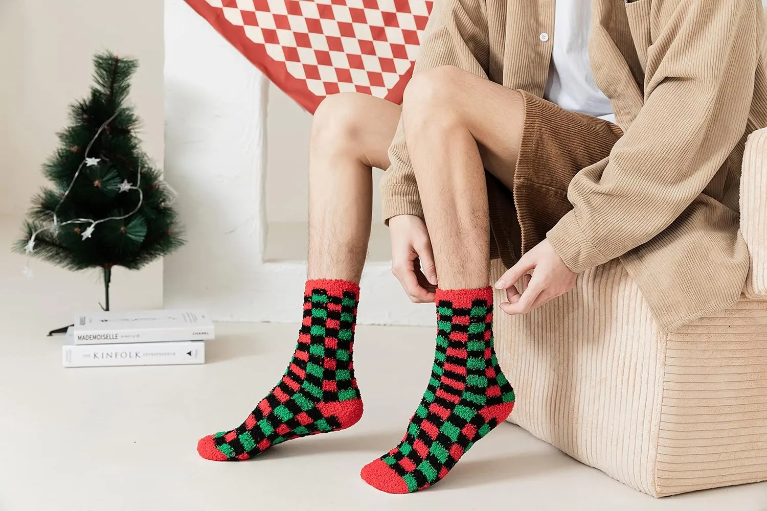 Gilbins Mens-Womens Christmas Holiday Fuzzy Socks with Grips Non Slip Skid Slipper Fluffy Hospital Winter Crew Sleep Socks