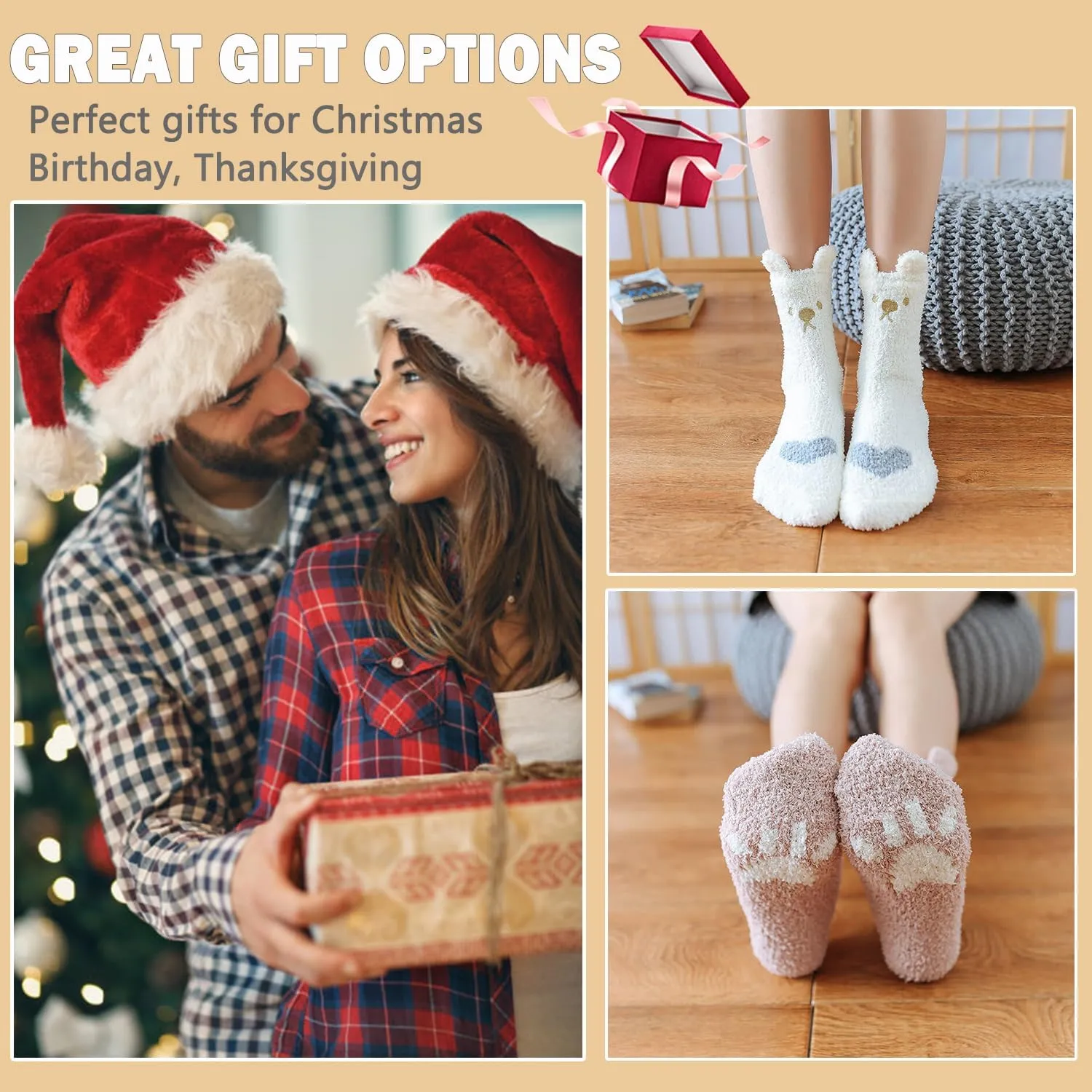 Ginmewrae Women Fuzzy Socks Cozy Soft Fluffy Cute Animal Slipper Socks Sleeping Warm Socks Christmas Gift for Girls