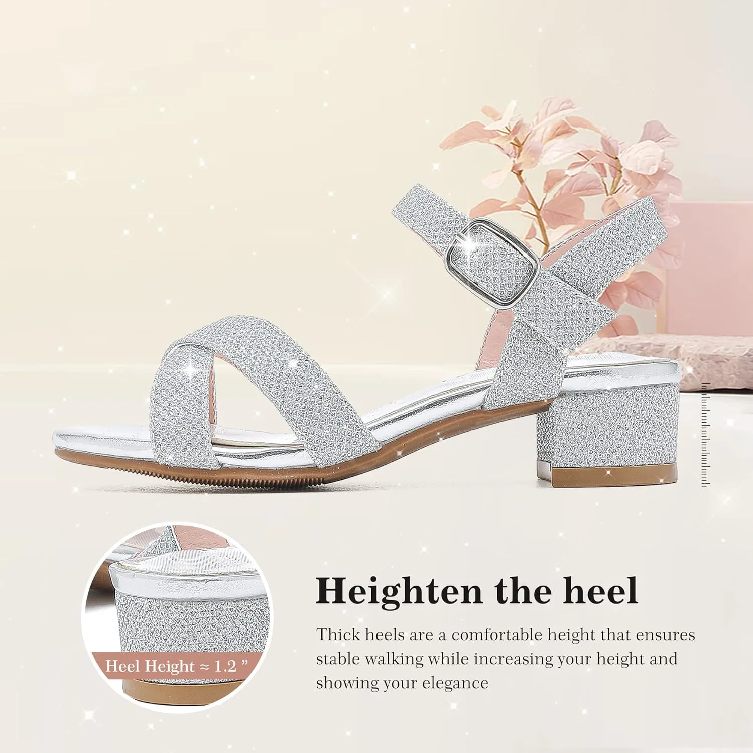 Girls Sandals Kids Heels Open Toe Ankle Strap Dress Shoes Flower Wedding Party for Toddler Little Big Kid