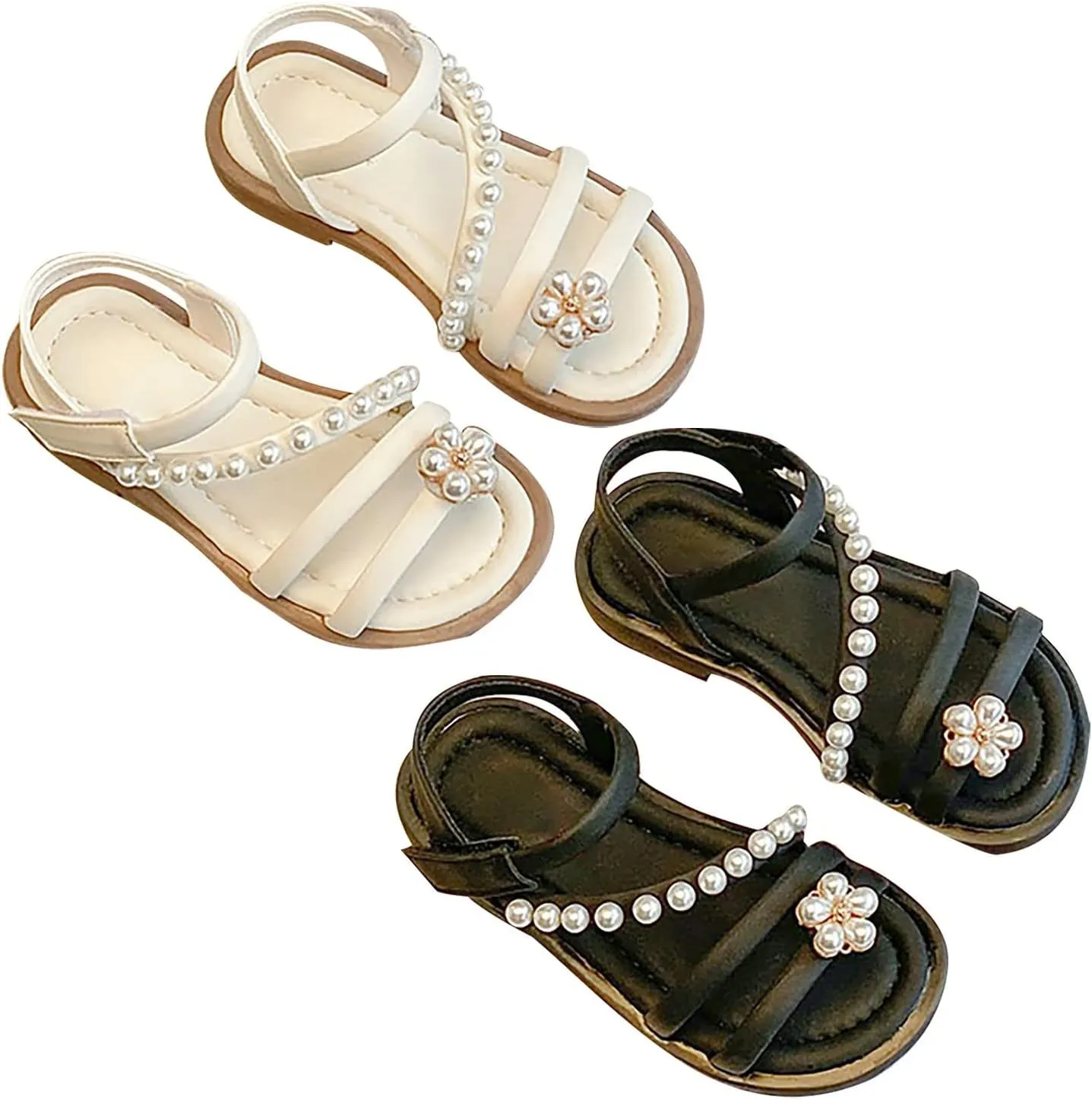 Girls Sandals Toddler Sandal Open Toe Cute Pearl Flower Adjustable Straps Flats Summer Sandals Teen Girl Dress Shoes