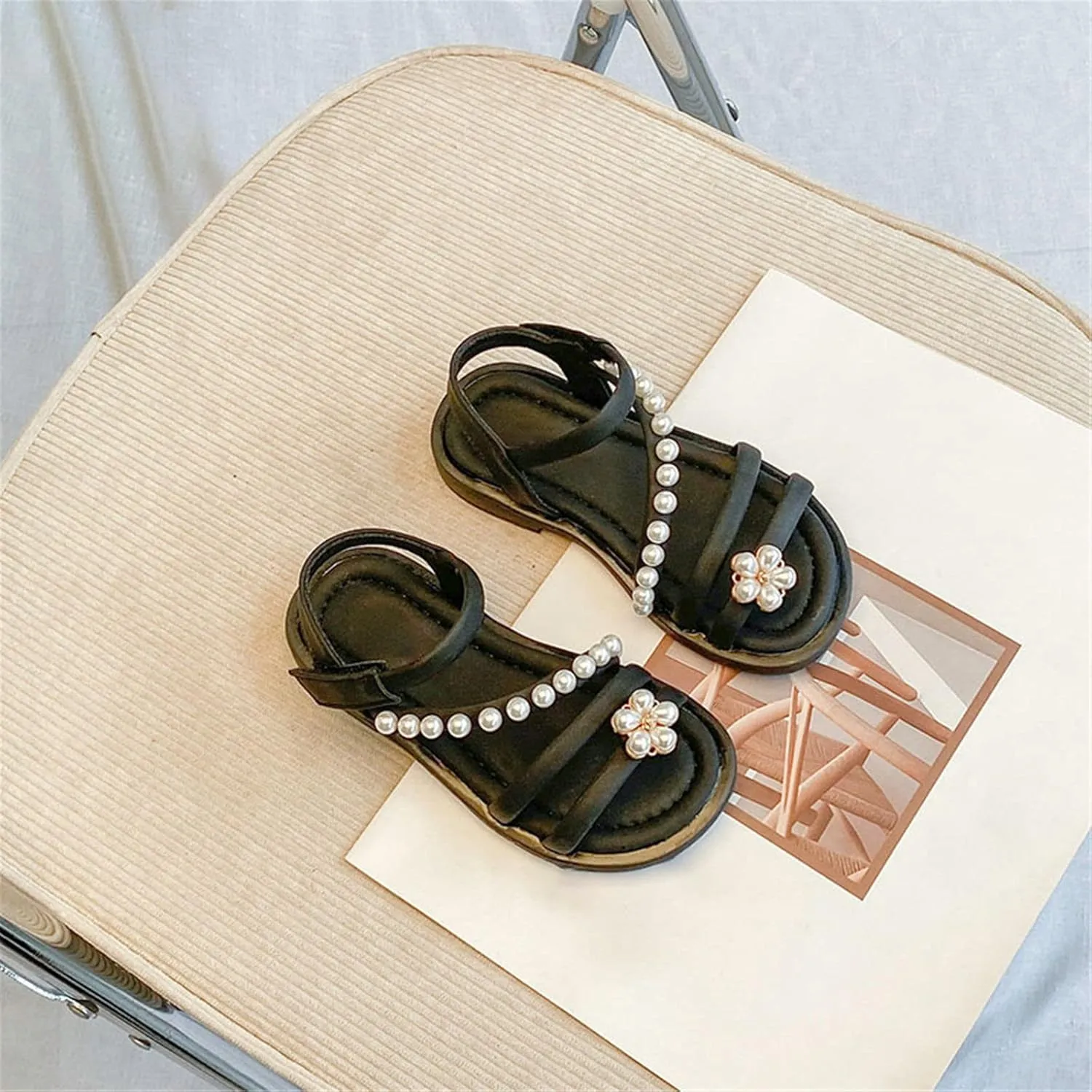 Girls Sandals Toddler Sandal Open Toe Cute Pearl Flower Adjustable Straps Flats Summer Sandals Teen Girl Dress Shoes