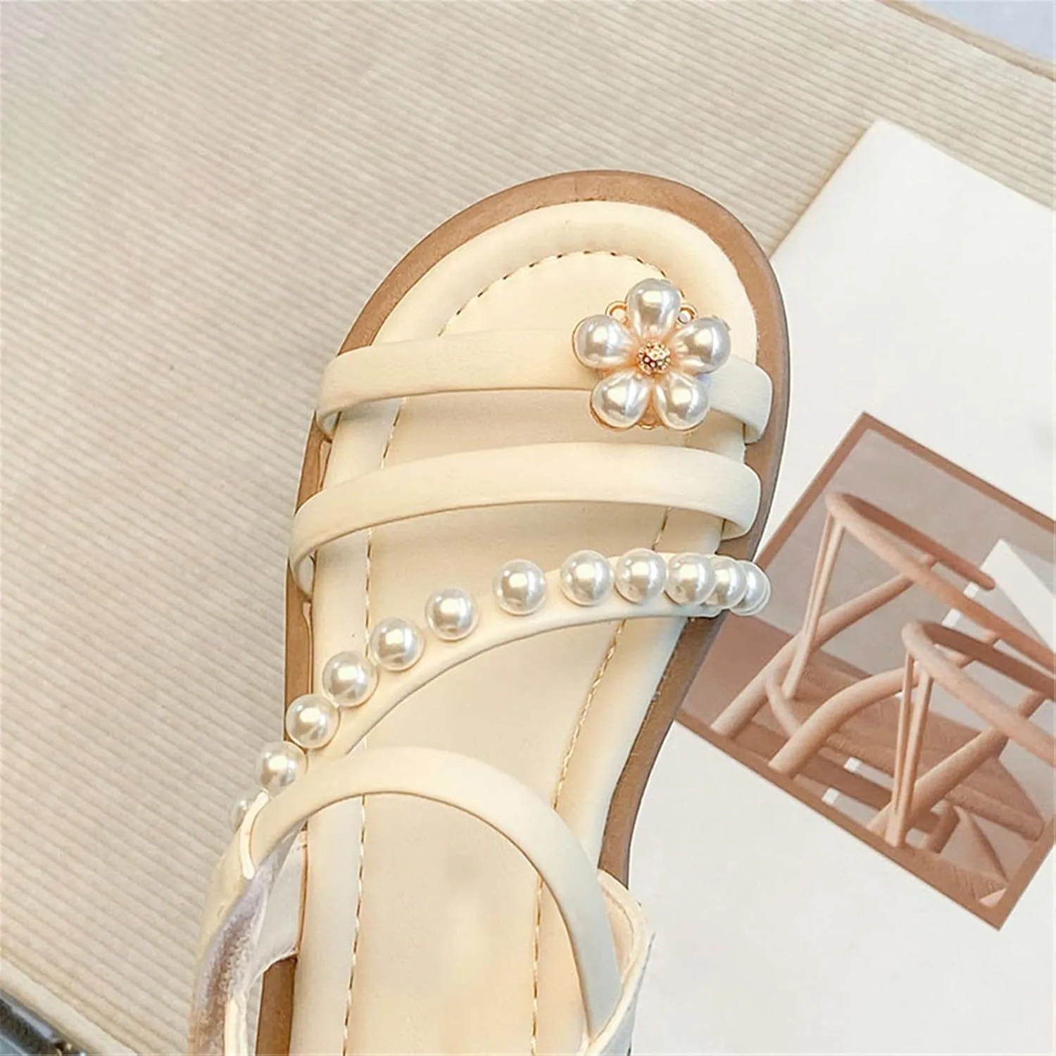 Girls Sandals Toddler Sandal Open Toe Cute Pearl Flower Adjustable Straps Flats Summer Sandals Teen Girl Dress Shoes