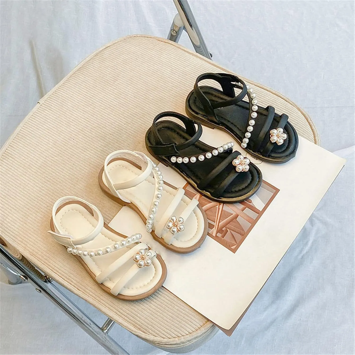Girls Sandals Toddler Sandal Open Toe Cute Pearl Flower Adjustable Straps Flats Summer Sandals Teen Girl Dress Shoes