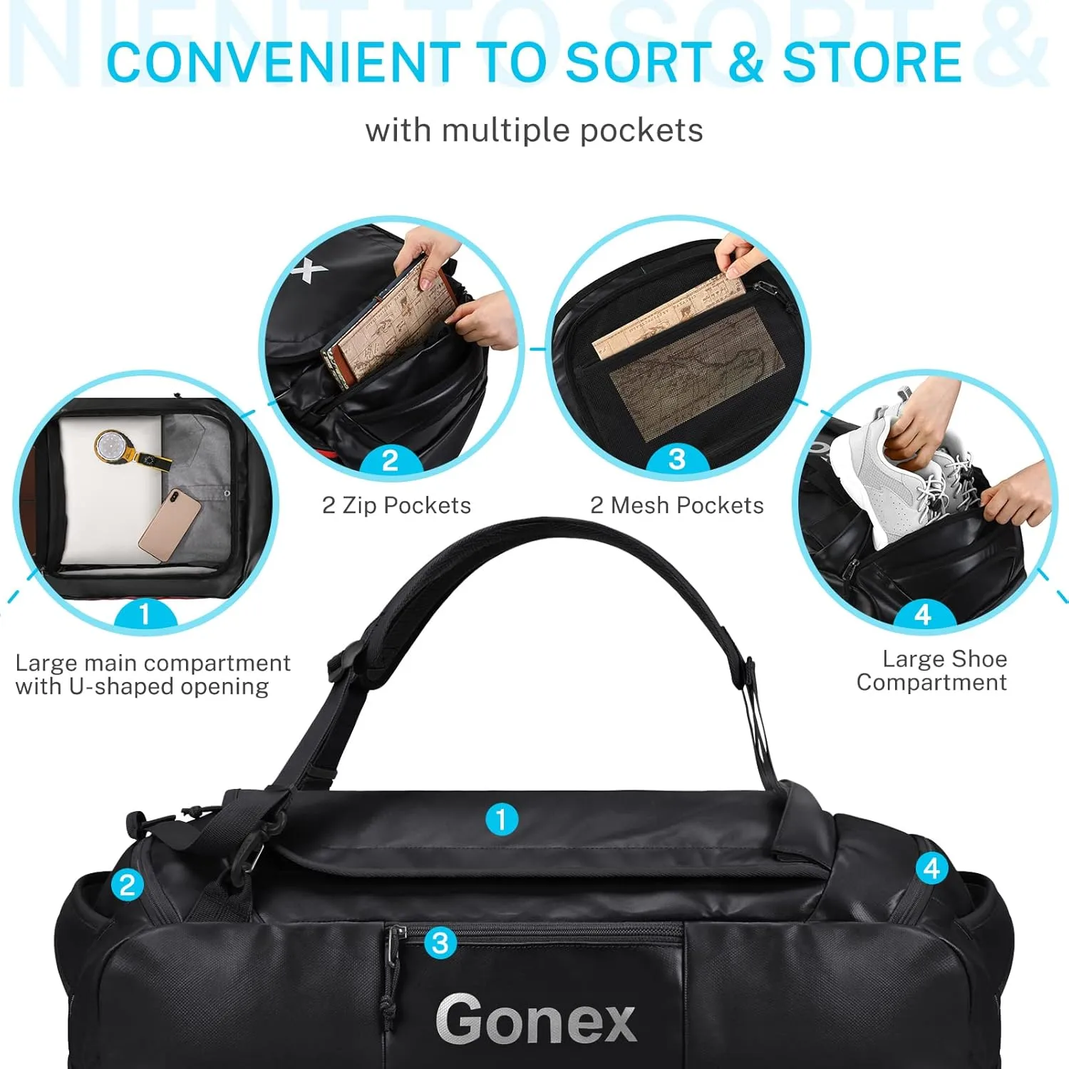 Gonex 80L Duffel Bag Backpack, Convertible to Gym Backpack and Handbag for Men Women, Water-Repellent for Hiking Camping Travelling Cycling, Black