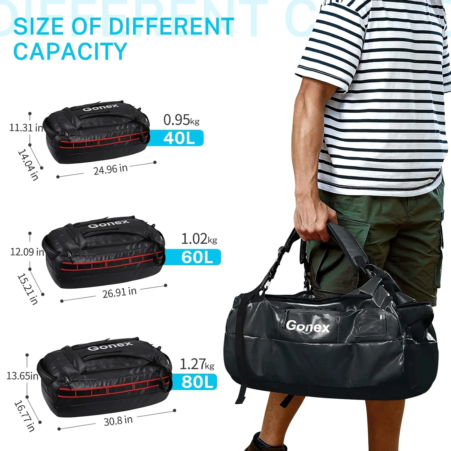 Gonex 80L Duffel Bag Backpack, Convertible to Gym Backpack and Handbag for Men Women, Water-Repellent for Hiking Camping Travelling Cycling, Black
