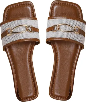 GORGLITTER Women's Flat Sandals Square Open Toe Slip On Slides with Metal Chain Sandals