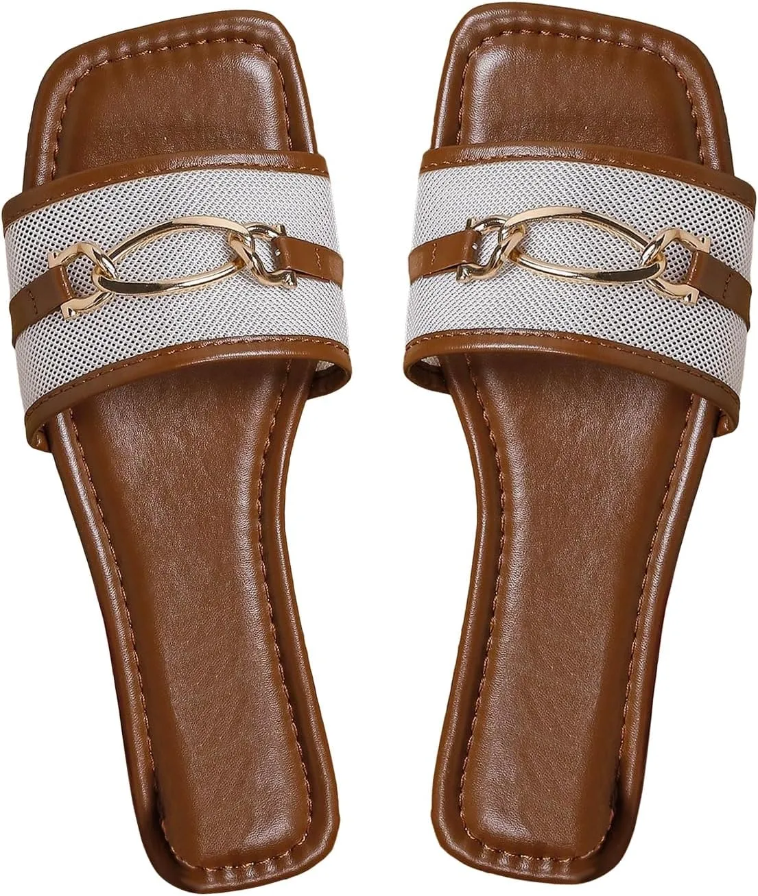 GORGLITTER Women's Flat Sandals Square Open Toe Slip On Slides with Metal Chain Sandals
