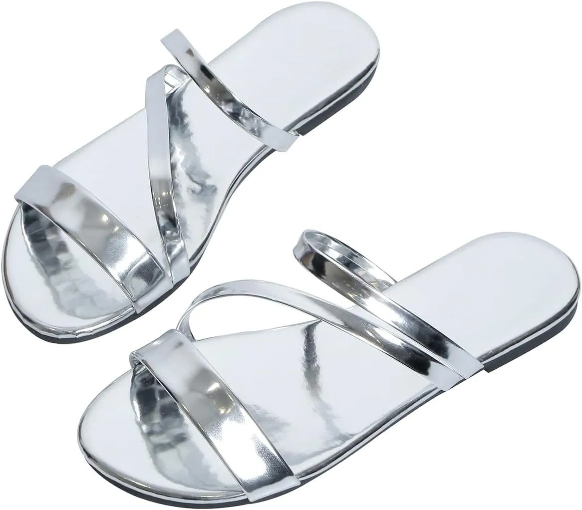 GORGLITTER Women's Metallic Strappy Open Toe Flat Sandal PU Leather Summer Slides Sandals