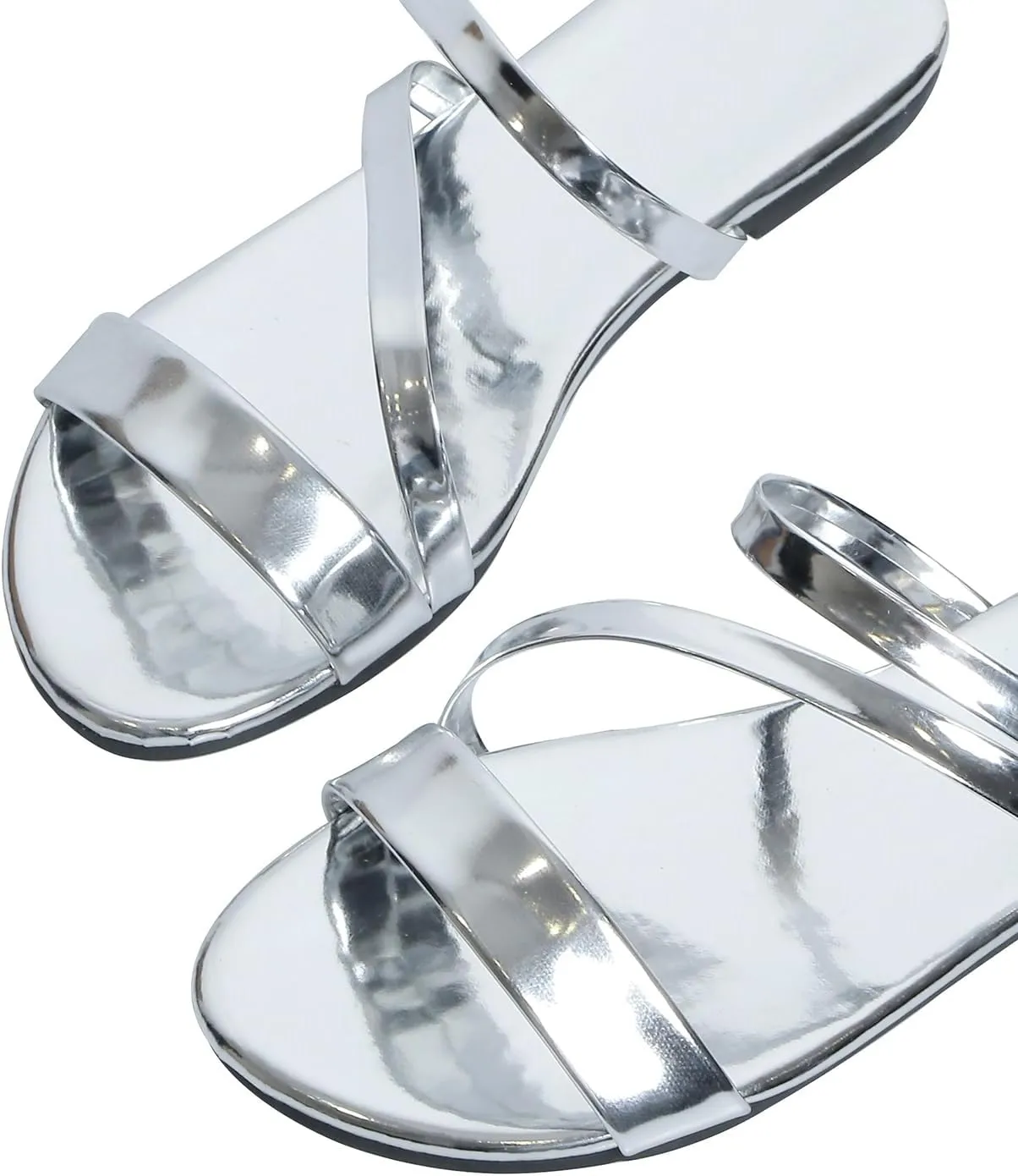 GORGLITTER Women's Metallic Strappy Open Toe Flat Sandal PU Leather Summer Slides Sandals