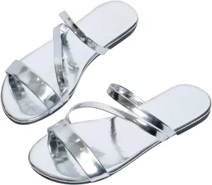 GORGLITTER Women's Metallic Strappy Open Toe Flat Sandal PU Leather Summer Slides Sandals