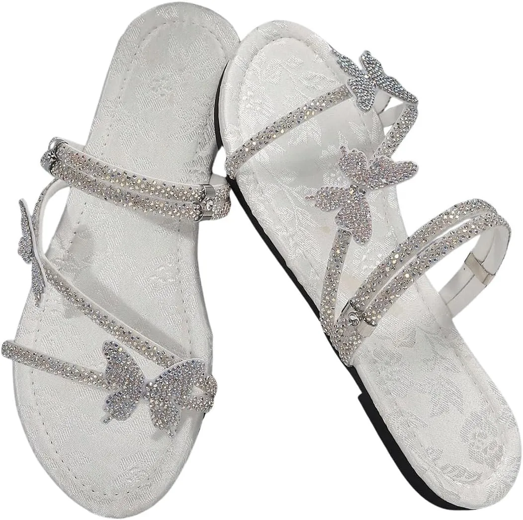 GORGLITTER Women's Sparkly Rhinestone Flat Sandals Glitter Bling Butterfly Strappy Open Toe Slides