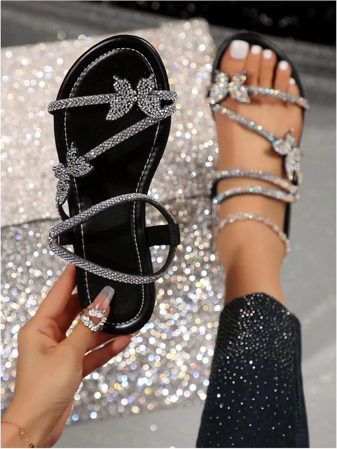 GORGLITTER Women's Sparkly Rhinestone Flat Sandals Glitter Bling Butterfly Strappy Open Toe Slides