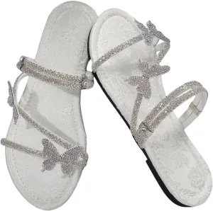 GORGLITTER Women's Sparkly Rhinestone Flat Sandals Glitter Bling Butterfly Strappy Open Toe Slides