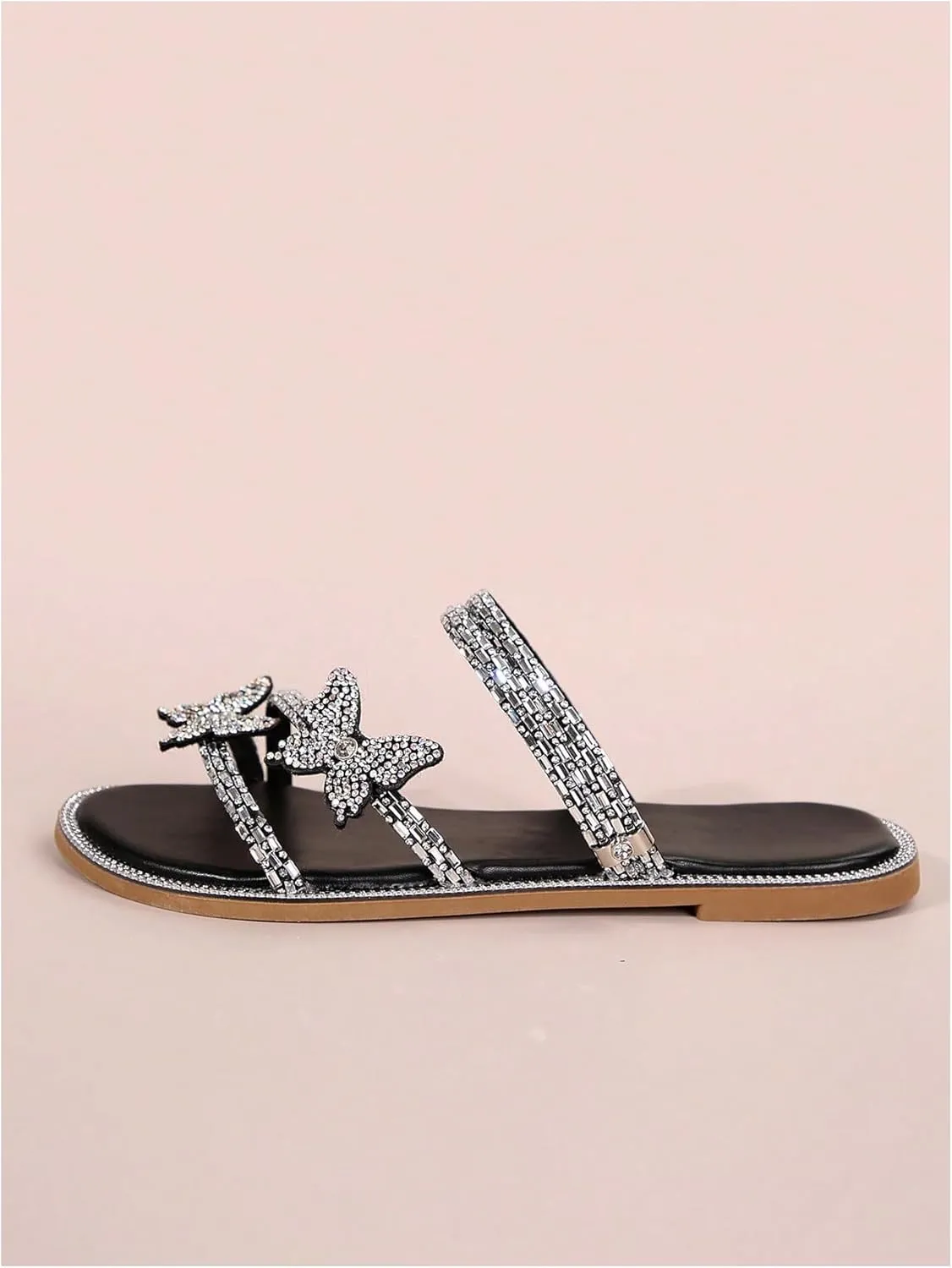 GORGLITTER Women's Sparkly Rhinestone Flat Sandals Glitter Bling Butterfly Strappy Open Toe Slides
