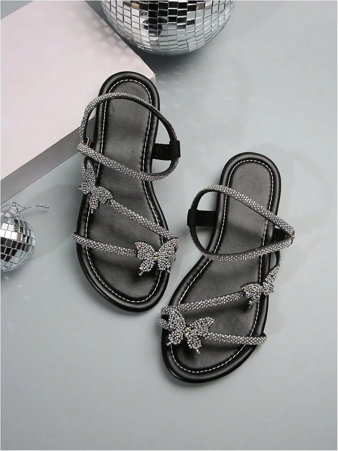GORGLITTER Women's Sparkly Rhinestone Flat Sandals Glitter Bling Butterfly Strappy Open Toe Slides
