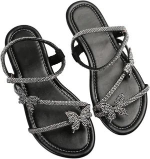 GORGLITTER Women's Sparkly Rhinestone Flat Sandals Glitter Bling Butterfly Strappy Open Toe Slides