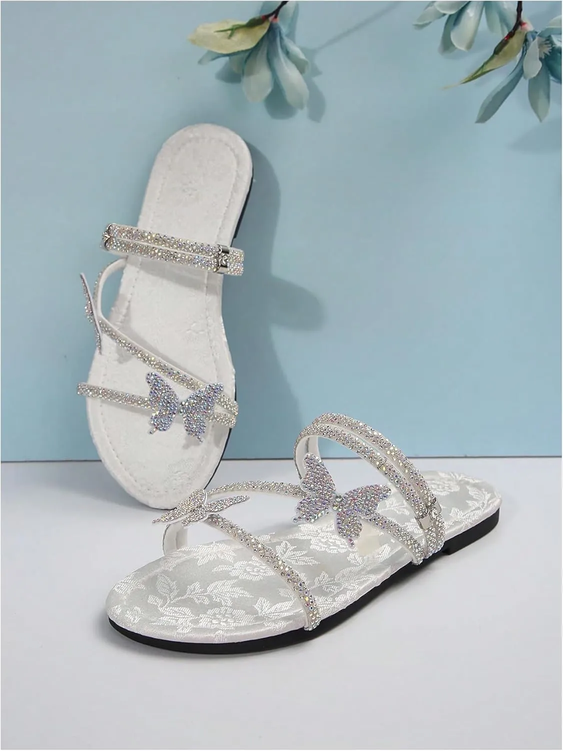 GORGLITTER Women's Sparkly Rhinestone Flat Sandals Glitter Bling Butterfly Strappy Open Toe Slides
