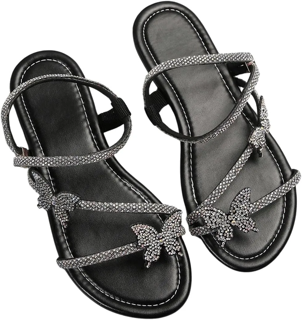 GORGLITTER Women's Sparkly Rhinestone Flat Sandals Glitter Bling Butterfly Strappy Open Toe Slides