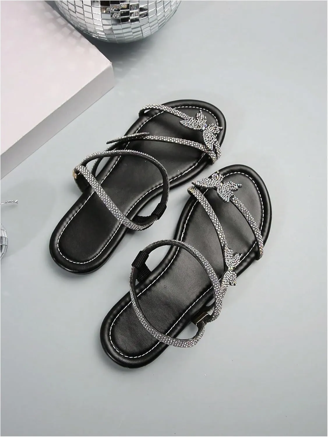 GORGLITTER Women's Sparkly Rhinestone Flat Sandals Glitter Bling Butterfly Strappy Open Toe Slides