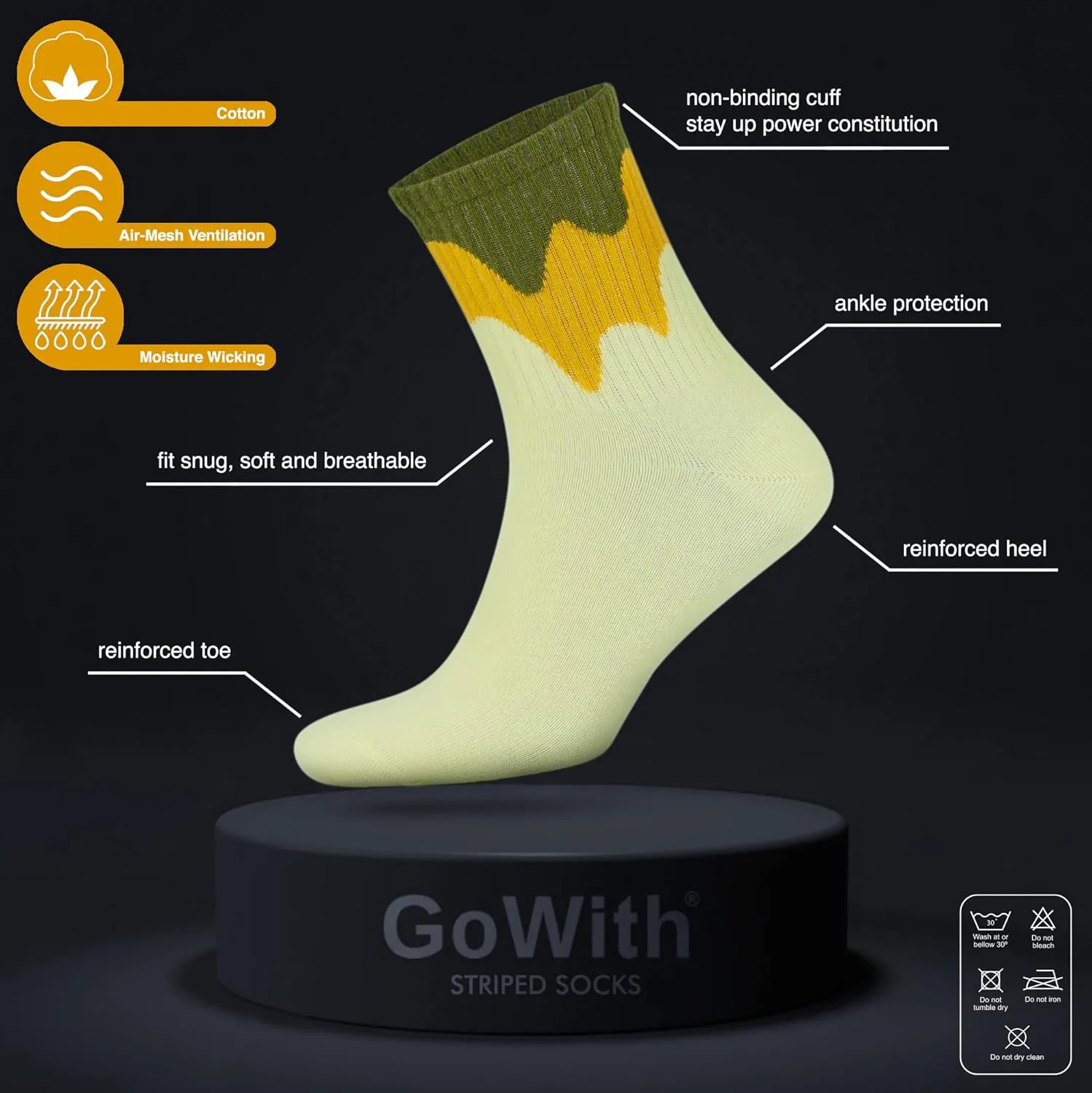 GoWith Cotton Socks for Women & Men, Quarter Cushioned Striped Soft Thin Retro Everyday Socks, Athletic and Casual Wear