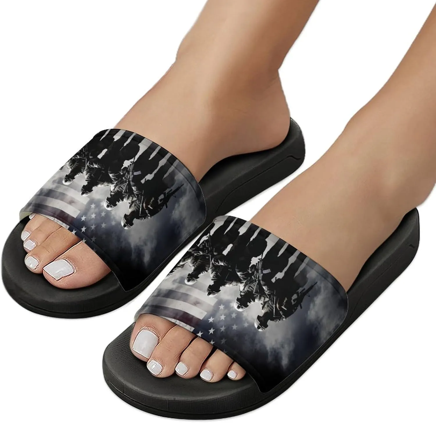 Grunge American Army Soldiers with Flag PVC Home Slippers Non Slip Shower Shoes Bathroom Slippers Sandals for Women Men