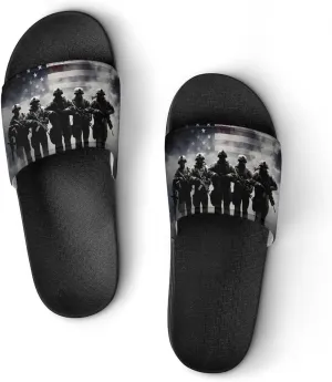 Grunge American Army Soldiers with Flag PVC Home Slippers Non Slip Shower Shoes Bathroom Slippers Sandals for Women Men