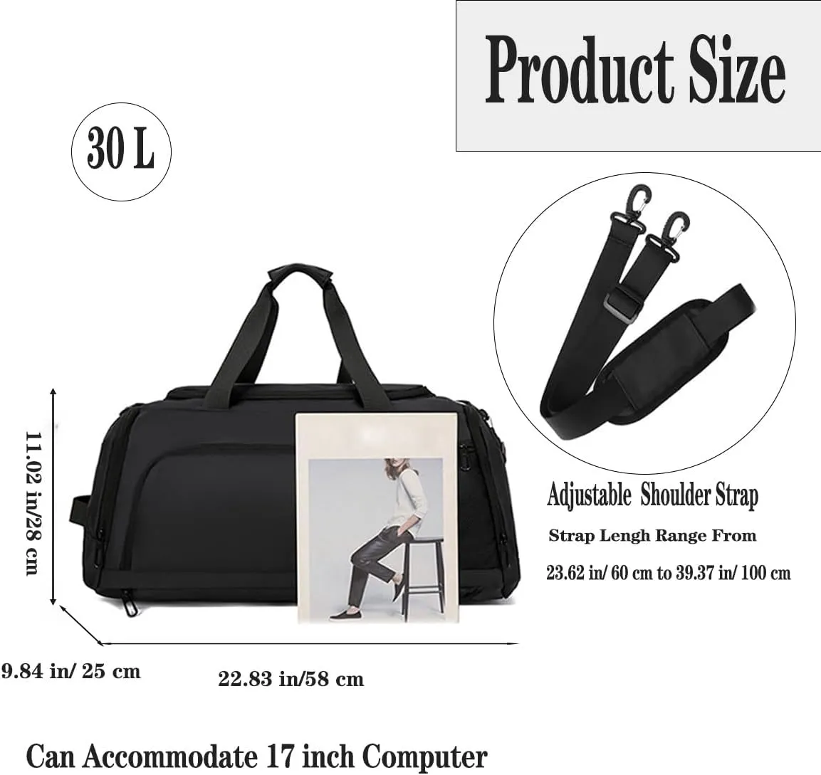 Gym Bags for Men Women,Duffle Bag with Shoe Compartment and Wet Pocket,30L Waterproof Travel Sports Bags,Overnight Bag,Carry On Weekender Backpack (Black)