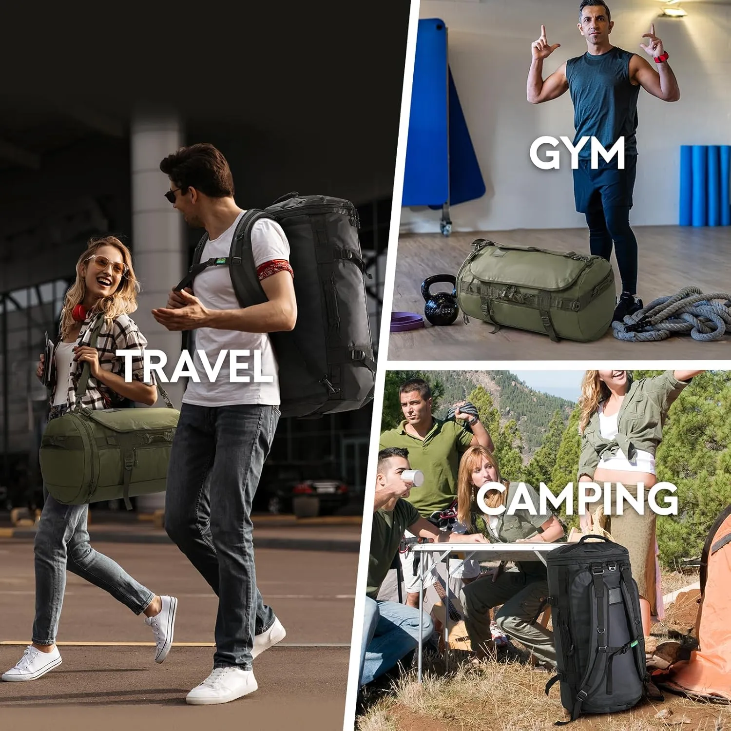 Haimont 45L Gym Duffle Backpack Bag Convertible Travel Duffle with Shoes Compartment for Men Women with Straps, Water-resistant, Army Green