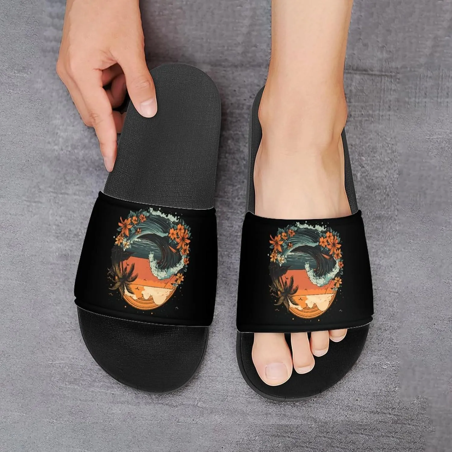Hawaii Wave Palm Trees Floral Sunset Shower Sandals Home Slippers Non-Slip Quick Drying Beach Bathroom Slipper