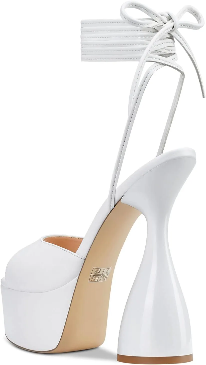 HDEUOLM Women High Heels Platform Ankle Strap Sandals Open Toe 6 Inch Chunky Heel Clear Heeled Plus Size Shoes