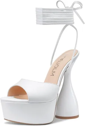 HDEUOLM Women High Heels Platform Ankle Strap Sandals Open Toe 6 Inch Chunky Heel Clear Heeled Plus Size Shoes