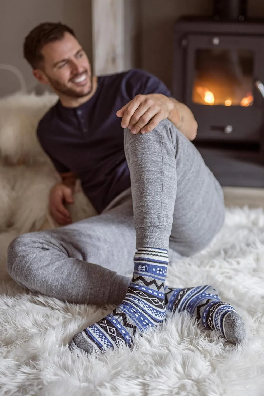 HEAT HOLDERS Mens Double Layer Fair Isle Pattern Non Skid Thermal Slipper Socks