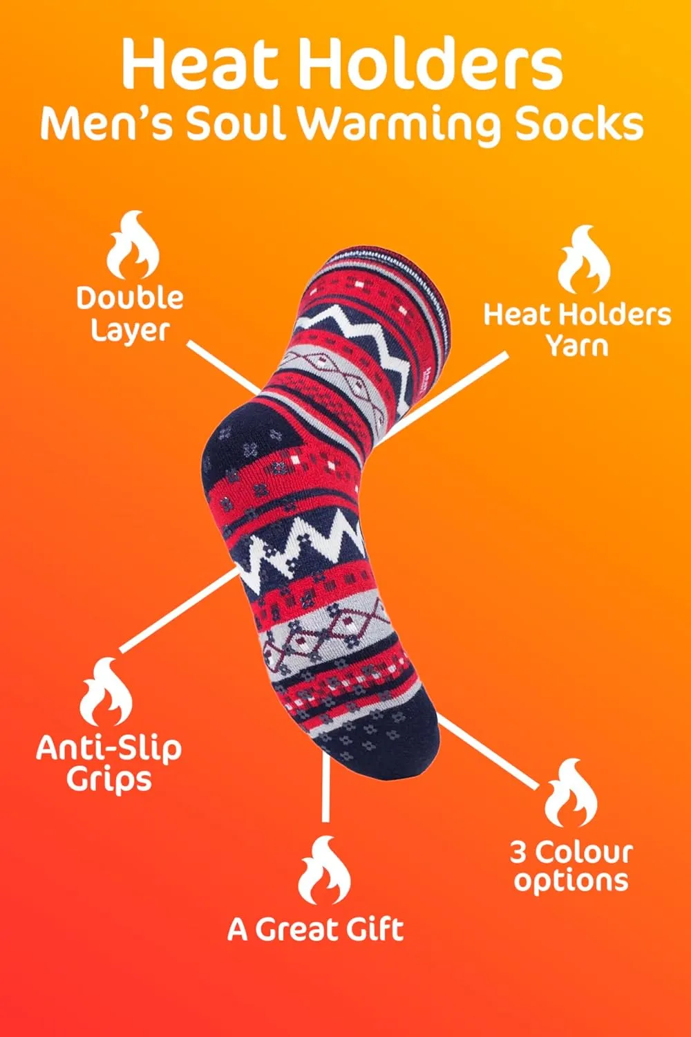 HEAT HOLDERS Mens Double Layer Fair Isle Pattern Non Skid Thermal Slipper Socks