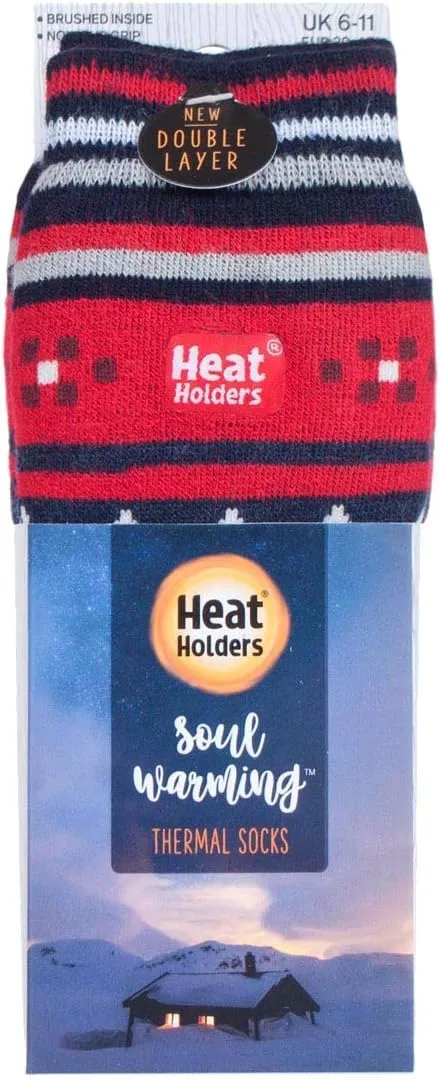 HEAT HOLDERS Mens Double Layer Fair Isle Pattern Non Skid Thermal Slipper Socks