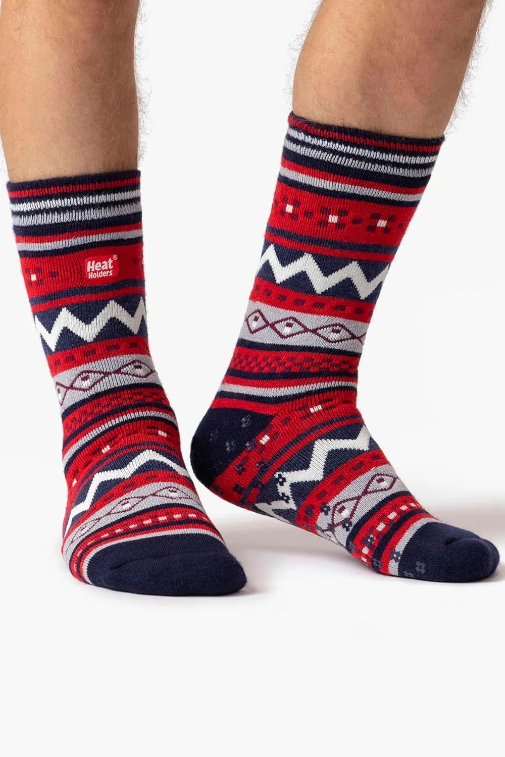 HEAT HOLDERS Mens Double Layer Fair Isle Pattern Non Skid Thermal Slipper Socks