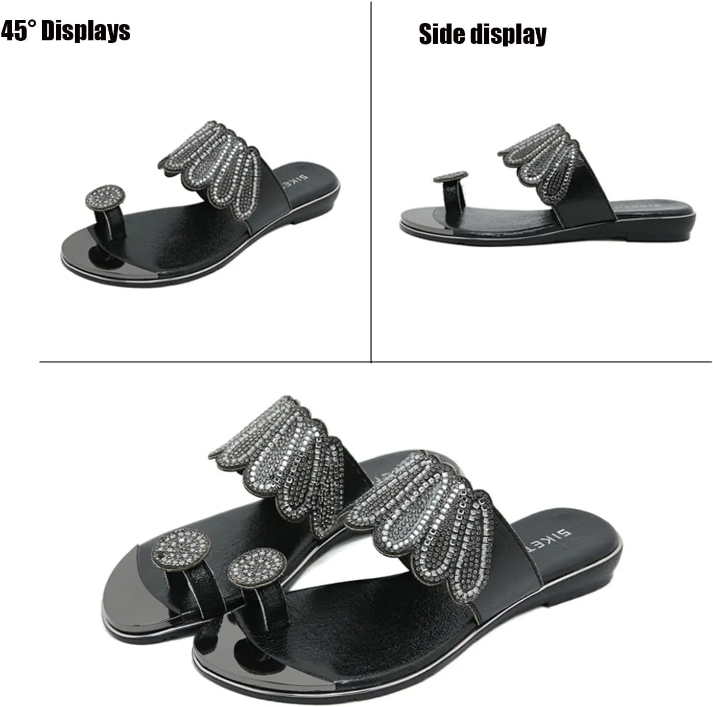 Helenbra Women's Rhinestones Toe Ring Flat Slide Sandals,Summer Fashion Sparkly Crystal Studded Open Toe Flip Flops Comfortable Slip-on Bohemian Outdoor Vacation Beach Slippers