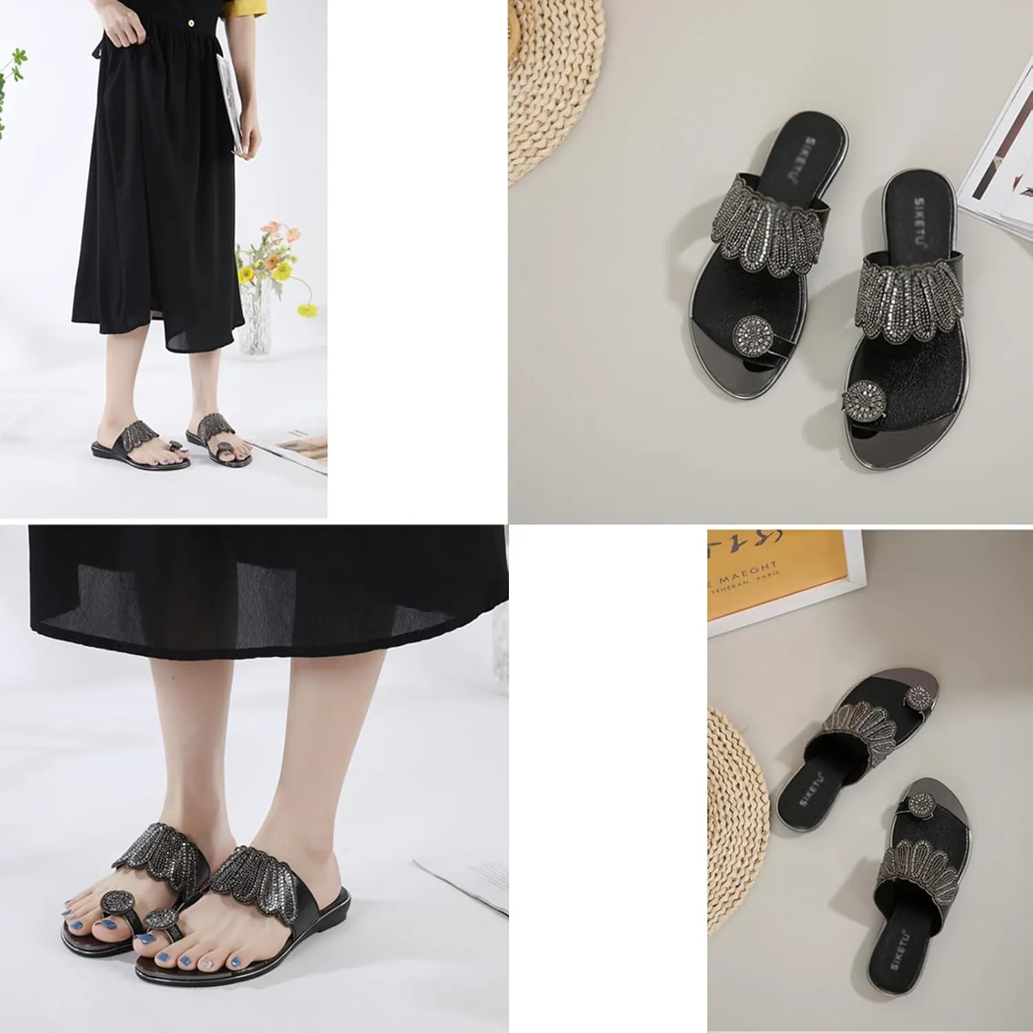 Helenbra Women's Rhinestones Toe Ring Flat Slide Sandals,Summer Fashion Sparkly Crystal Studded Open Toe Flip Flops Comfortable Slip-on Bohemian Outdoor Vacation Beach Slippers