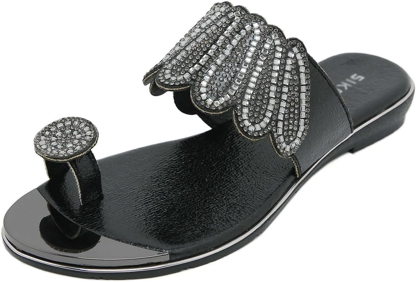 Helenbra Women's Rhinestones Toe Ring Flat Slide Sandals,Summer Fashion Sparkly Crystal Studded Open Toe Flip Flops Comfortable Slip-on Bohemian Outdoor Vacation Beach Slippers