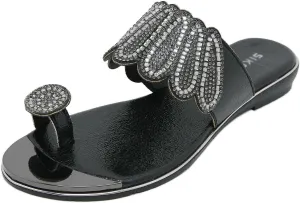 Helenbra Women's Rhinestones Toe Ring Flat Slide Sandals,Summer Fashion Sparkly Crystal Studded Open Toe Flip Flops Comfortable Slip-on Bohemian Outdoor Vacation Beach Slippers