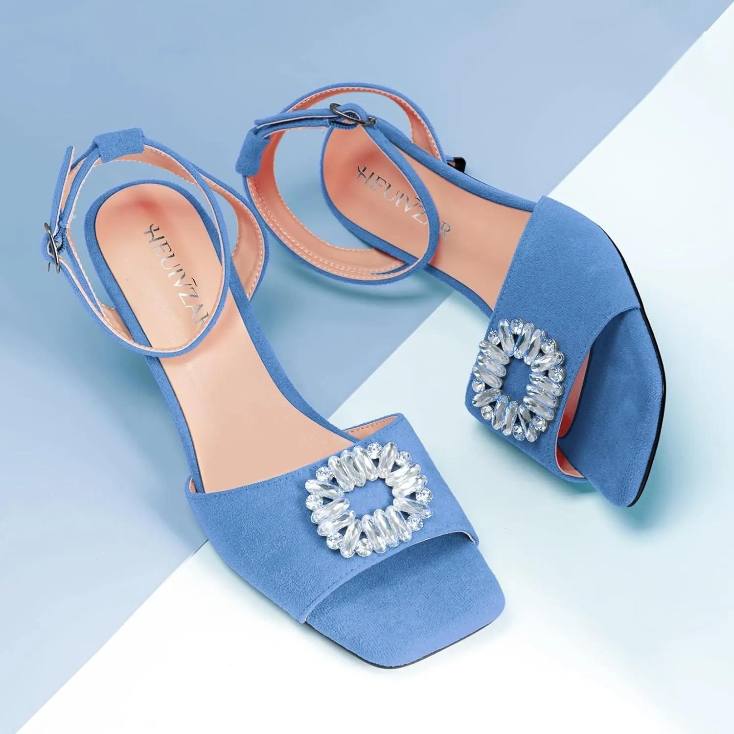 HEUIVZAR Mid Kitten Heel Peep Open Toe Pumps Ankle Strap Buckle Rhinestone Crystal Wedding Cute 2.0 Inches Heels