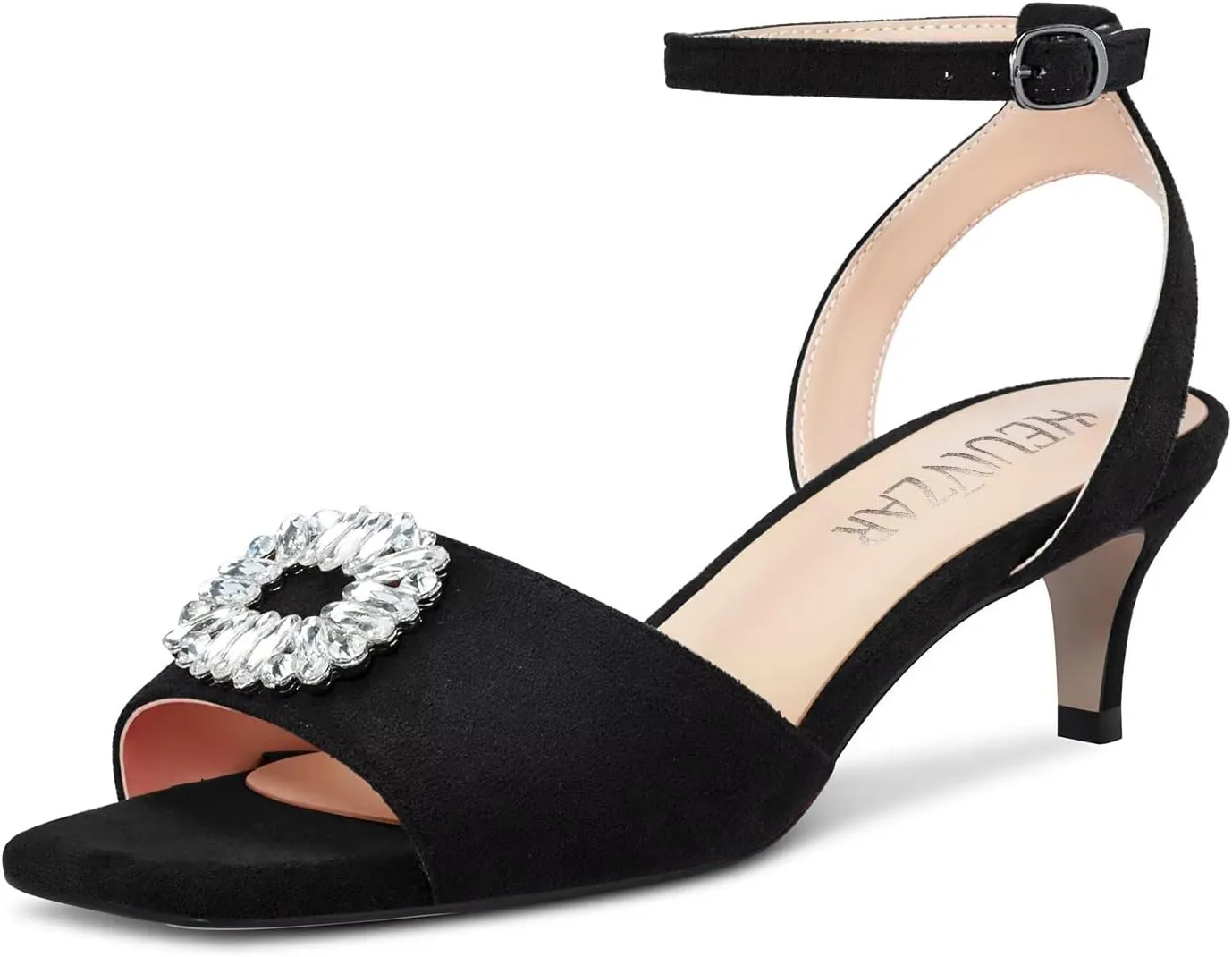 HEUIVZAR Mid Kitten Heel Peep Open Toe Pumps Ankle Strap Buckle Rhinestone Crystal Wedding Cute 2.0 Inches Heels