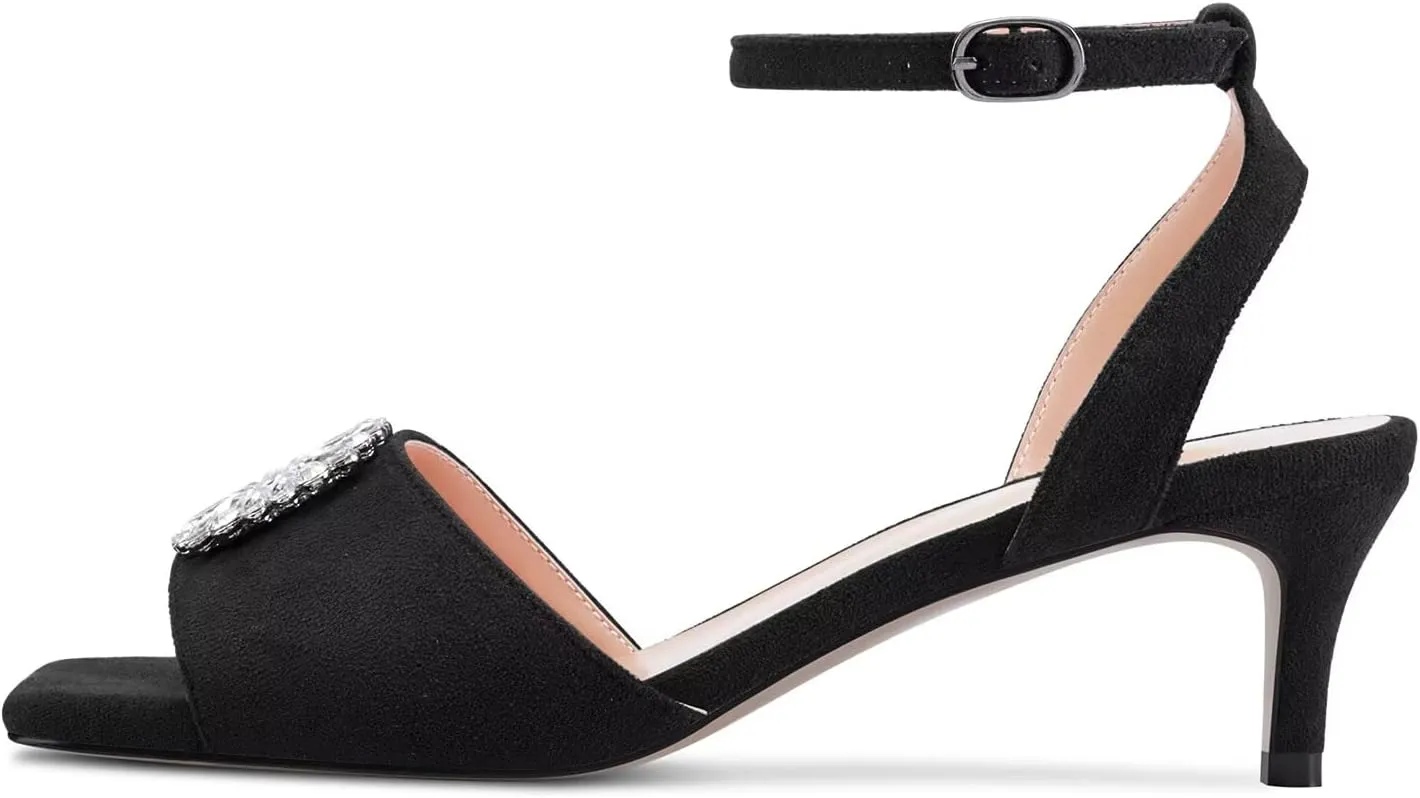 HEUIVZAR Mid Kitten Heel Peep Open Toe Pumps Ankle Strap Buckle Rhinestone Crystal Wedding Cute 2.0 Inches Heels