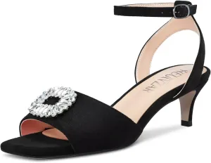 HEUIVZAR Mid Kitten Heel Peep Open Toe Pumps Ankle Strap Buckle Rhinestone Crystal Wedding Cute 2.0 Inches Heels
