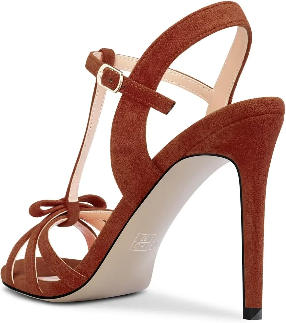 HEUIVZAR Women Stiletto High Heel Peep Open Toe Pumps T-Strap Buckle Bow-Knot Wedding Dress 3.9 Inches Heels