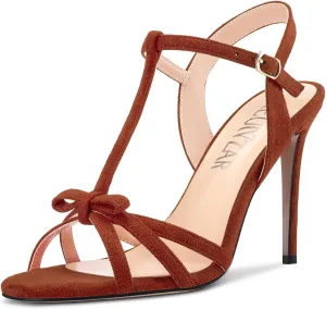 HEUIVZAR Women Stiletto High Heel Peep Open Toe Pumps T-Strap Buckle Bow-Knot Wedding Dress 3.9 Inches Heels