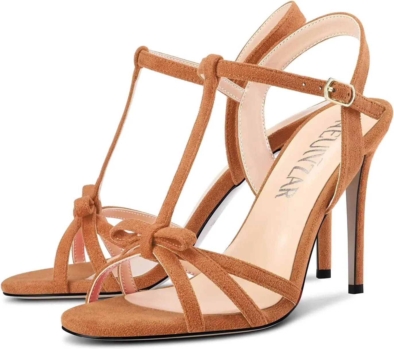 HEUIVZAR Women Stiletto High Heel Peep Open Toe Pumps T-Strap Buckle Bow-Knot Wedding Dress 3.9 Inches Heels