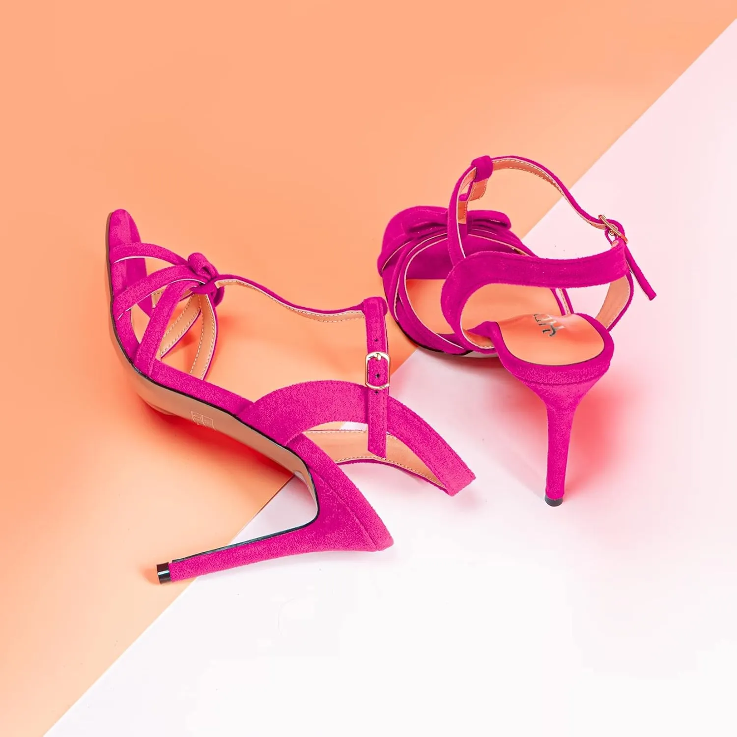 HEUIVZAR Women Stiletto High Heel Peep Open Toe Pumps T-Strap Buckle Bow-Knot Wedding Dress 3.9 Inches Heels